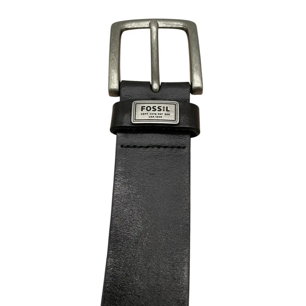 Fossil Mens‎ Black Leather Belt Brushed Silver Buckle Size 36 MB125400136